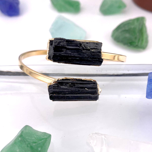 Natural Black Tourmaline Open Double Stone 18k Gold Plated Cuff Bracelet - Picture 8 of 8